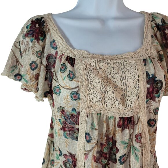 Ralph Lauren Denim & Supply Boho Floral Top XS Lace Trim Flutter Sleeves Scoop - Picture 2 of 7